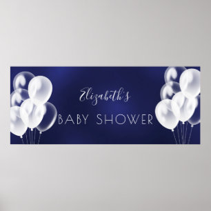 Baby Shower boy navy blue white balloons name ポスター