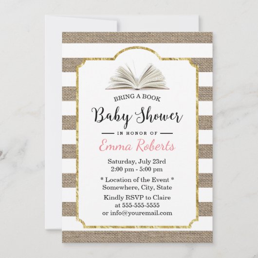 Baby Shower Bring a Book Request Burlap ストライプS 招待状 (正面)