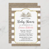 Baby Shower Bring a Book Request Burlap ストライプS 招待状 (正面/裏面)