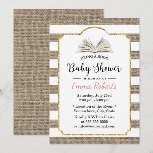 Baby Shower Bring a Book Request Burlap ストライプS 招待状 (正面/裏面)