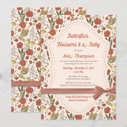 Baby Shower | Butterflies & Blossoms 詩的な花 招待状 (正面/裏面)