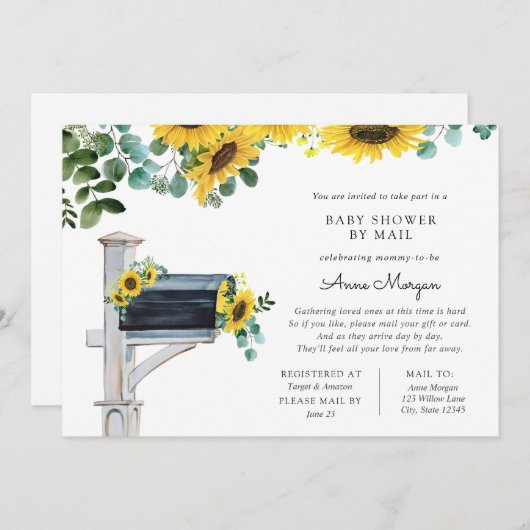 Baby Shower by Mail Sunflowers in Mailbox 招待状 (正面/裏面)
