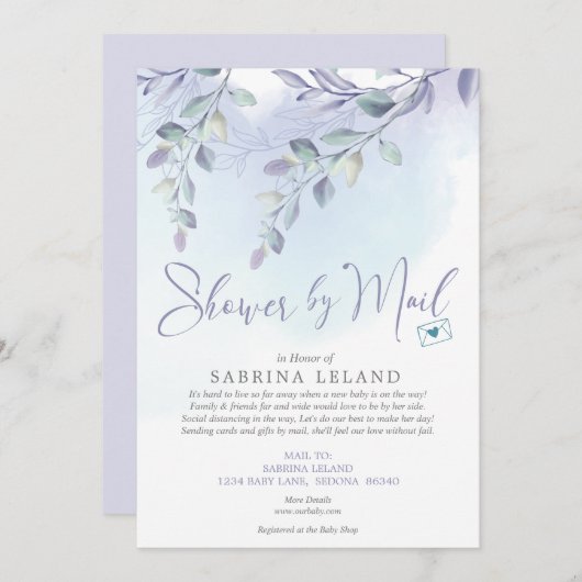 Baby Shower by Mail Waterカラー薄紫とスカイブルー 招待状 (正面/裏面)