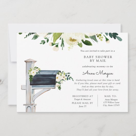 Baby Shower by Mail White Flowers in Mailbox 招待状 (正面)