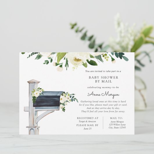 Baby Shower by Mail White Flowers in Mailbox 招待状 (スタンド正面)