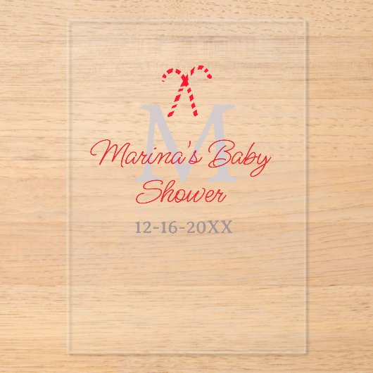 Baby shower candy cane Christmas holiday monogram  アクリル招待状 (正面)