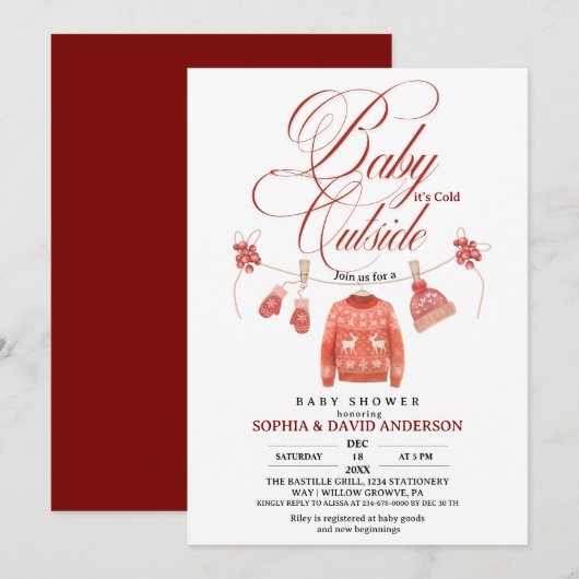 Baby Shower Clothes Line Baby Its Cold Outside 招待状 (正面/裏面)