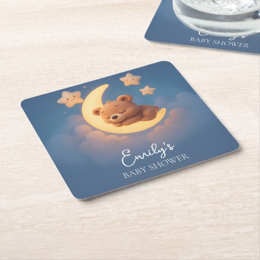 Baby Shower Coaster – Teddy Bear on the Moon スクエアペーパーコースター (アングル)