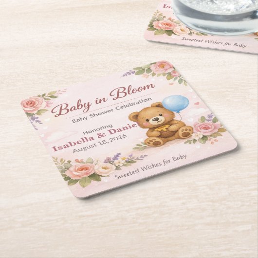Baby Shower Coasters | Baby in Bloom Bear スクエアペーパーコースター (アングル)
