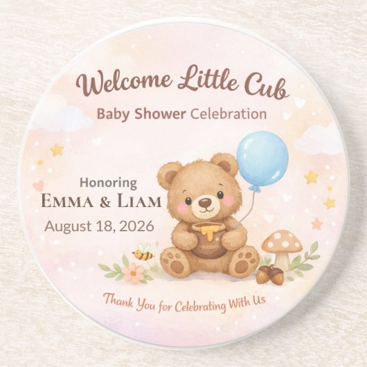 Baby Shower Coasters | Teddy Bear | Pastel Clouds コースター (正面)