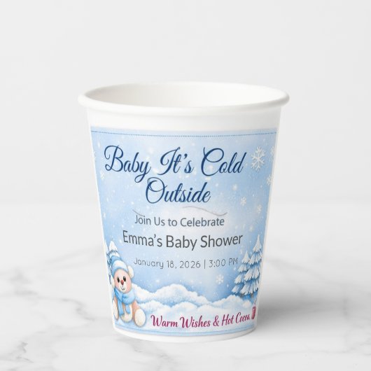 Baby Shower Cups | Winter Teddy Bear Hot Cocoa 紙コップ (正面)