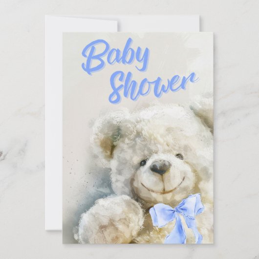 Baby Shower Cute Bear Blue Ribbon  招待状 (正面)