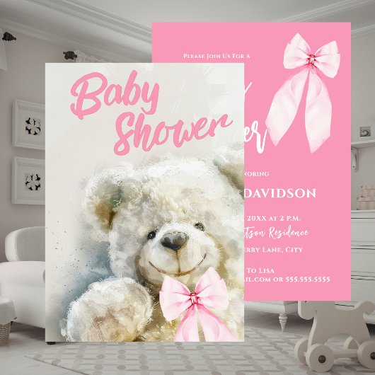 Baby Shower Cute Bear Pink Ribbon  招待状