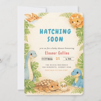 Baby Shower Cute Dinosaur Hatching Soon 招待状