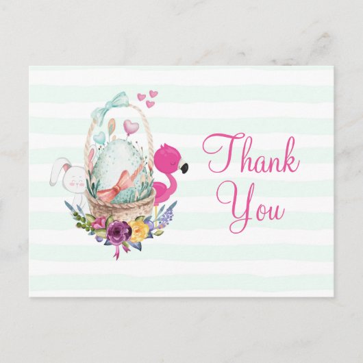 Baby Shower Egg、Flamingo & Bunnyパーティー付感謝していき ポストカード (正面)