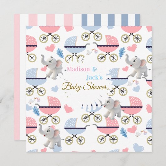 Baby Shower Elephant Baby StrollerCard Invitation  招待状 (正面/裏面)