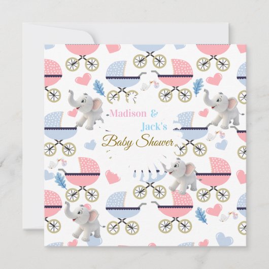 Baby Shower Elephant Baby StrollerCard Invitation  招待状 (正面)