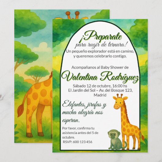 Baby Shower estilo Safari Editable jirafa mono 招待状 (正面/裏面)