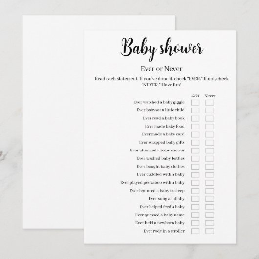 Baby Shower Ever or Never Game, Printable 招待状 (正面/裏面)