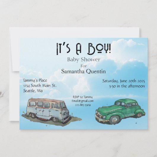 Baby shower for a boy, van and sedan 招待状 (正面)