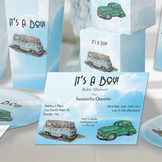 Baby shower for a boy, van and sedan 招待状