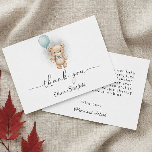 Baby Shower for Boy Blue Balloon Teddy Bear サンキューカード