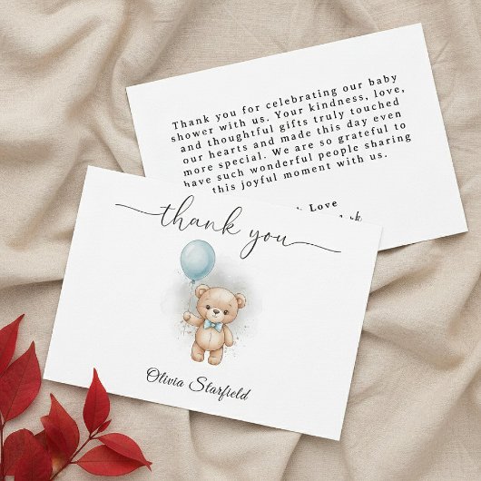Baby Shower for Boy Blue Balloon Teddy Bear   サンキューカード