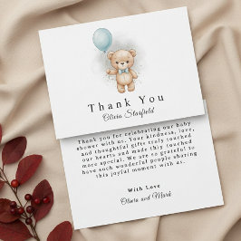 Baby Shower for Boy Blue Balloon Teddy Bear サンキューカード