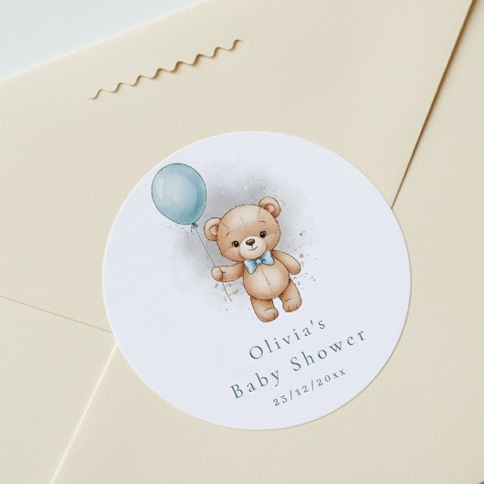 Baby Shower for Boy Blue Balloon Teddy Bear ラウンドシール