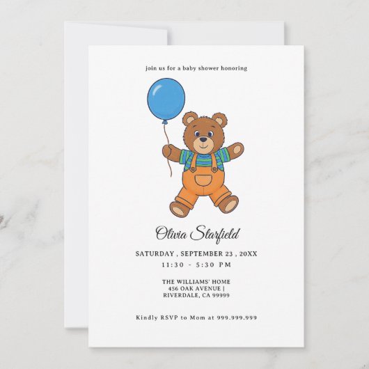 Baby Shower for Boy Blue Balloon, Teddy Bear  招待状 (正面)