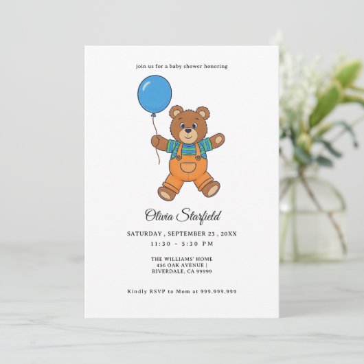 Baby Shower for Boy Blue Balloon, Teddy Bear  招待状 (スタンド正面)