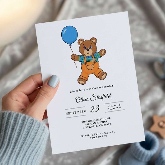 Baby Shower for Boy Blue Balloon, Teddy Bear   招待状