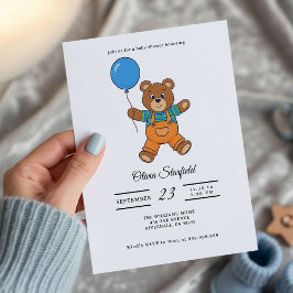 Baby Shower for Boy Blue Balloon, Teddy Bear  招待状