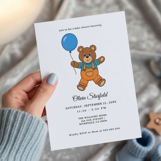 Baby Shower for Boy Blue Balloon, Teddy Bear  招待状