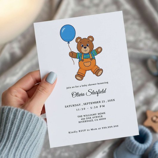 Baby Shower for Boy Blue Balloon Teddy Bear 招待状