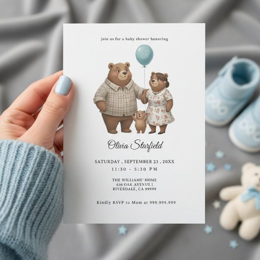 Baby Shower for Boy Blue Balloon, Teddy Bear 招待状