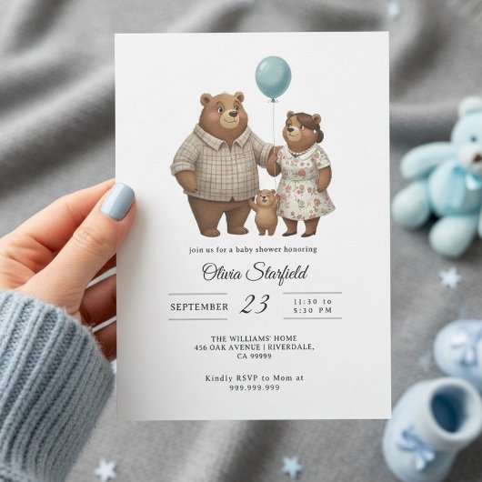 Baby Shower for Boy Blue Balloon, Teddy Bear  招待状