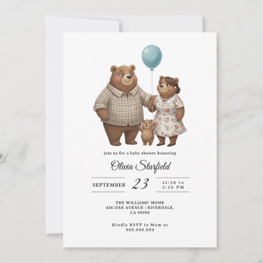 Baby Shower for Boy Blue Balloon, Teddy Bear  招待状 (正面)