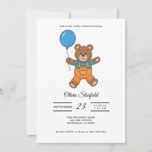 Baby Shower for Boy Blue Balloon, Teddy Bear 招待状 (正面)