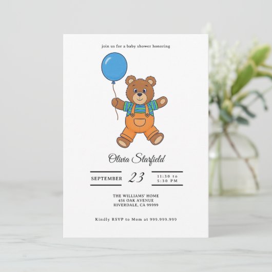 Baby Shower for Boy Blue Balloon, Teddy Bear  招待状 (スタンド正面)