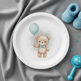Baby Shower for Boy Blue Balloon , Teddy Bear Bow ペーパープレート