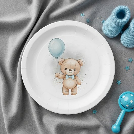 Baby Shower for Boy Blue Balloon , Teddy Bear Bow ペーパープレート