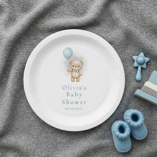 Baby Shower for Boy Blue Balloon , Teddy Bear Bow ペーパープレート