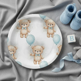 Baby Shower for Boy Blue Balloon , Teddy Bear Bow ペーパープレート