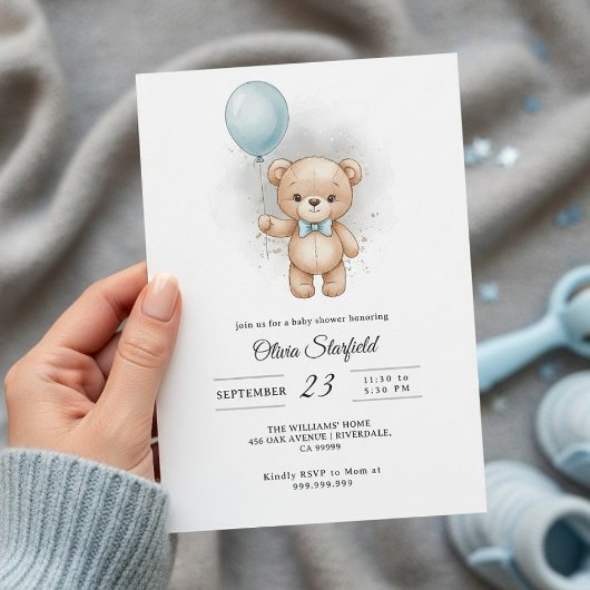 Baby Shower for Boy Blue Balloon, Teddy Bear & Bow 招待状