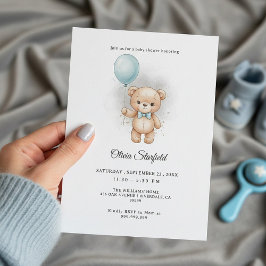Baby Shower for Boy Blue Balloon, Teddy Bear & Bow 招待状