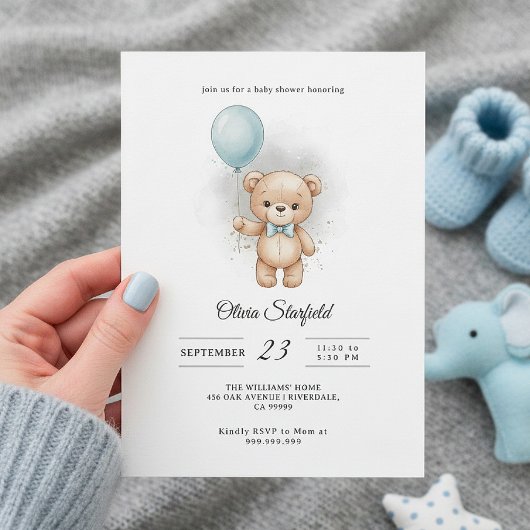 Baby Shower for Boy Blue Balloon, Teddy Bear & Bow 招待状