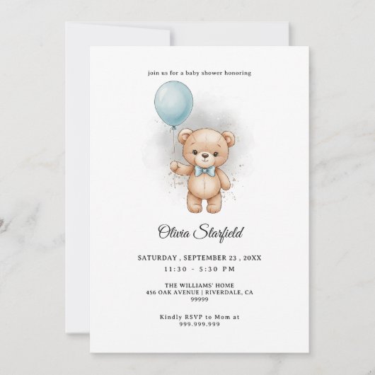 Baby Shower for Boy Blue Balloon, Teddy Bear & Bow 招待状 (正面)