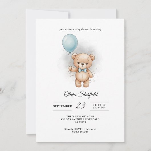 Baby Shower for Boy Blue Balloon, Teddy Bear & Bow 招待状 (正面)