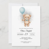 Baby Shower for Boy Blue Balloon, Teddy Bear & Bow 招待状 (正面)